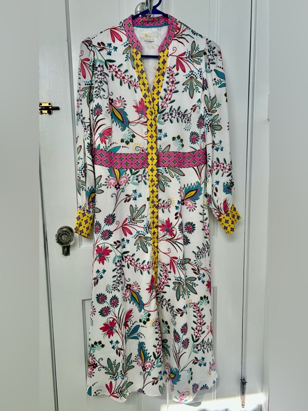 Boden Pink Floral Trim Dress with Blue Ribbon Detail